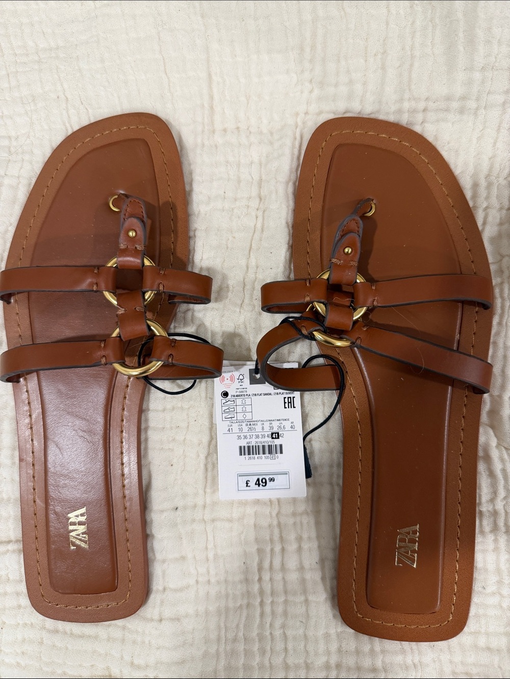 Zara Tan Brown Leather-Look Ring Detail Slide Sandals